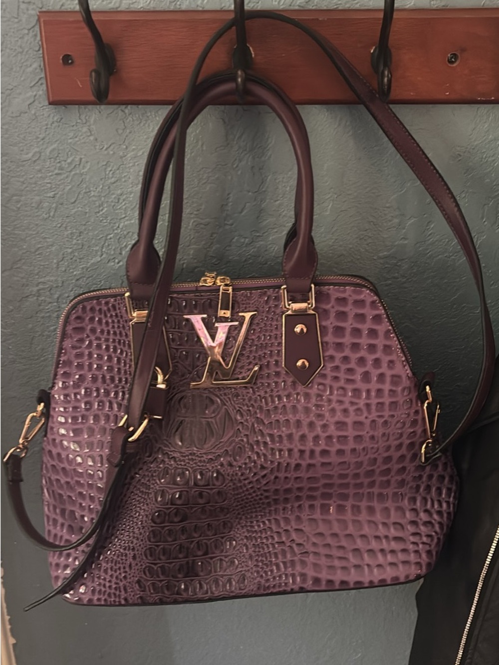 LV-Inspired Purple Croc-Embossed Dome Satchel w/ Removable Strap